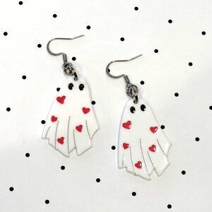 Red Heart Ghost Earrings Stainless Steel Hooks Halloween Spooky Lover NEW